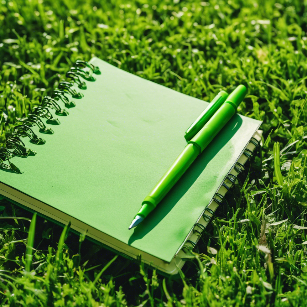 a leafy green notebook with a green pen surrounded by green grass on a sunny day