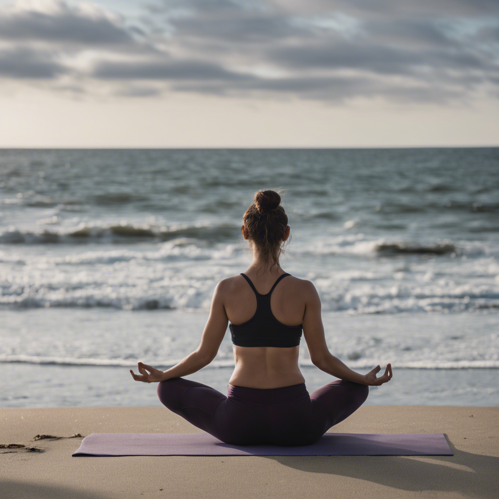 A person in a yoga pose at the beach while looking at the ocean