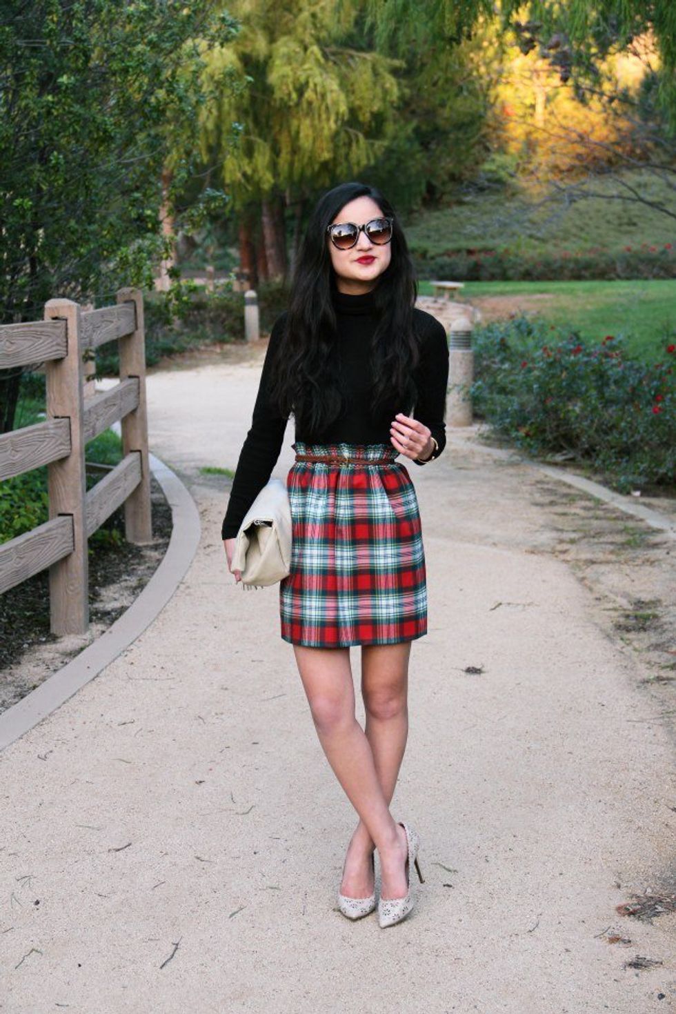 Easy Holiday Outfit · Plaid + Sleek Black Turtleneck