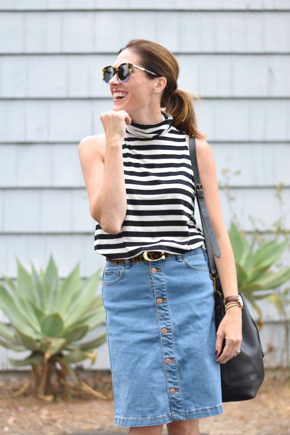 A Striped Turtleneck Tank + Denim Skirt