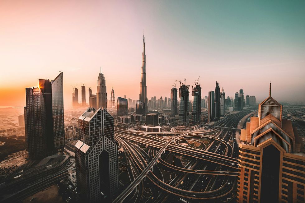 skyline of dubai at sunrise