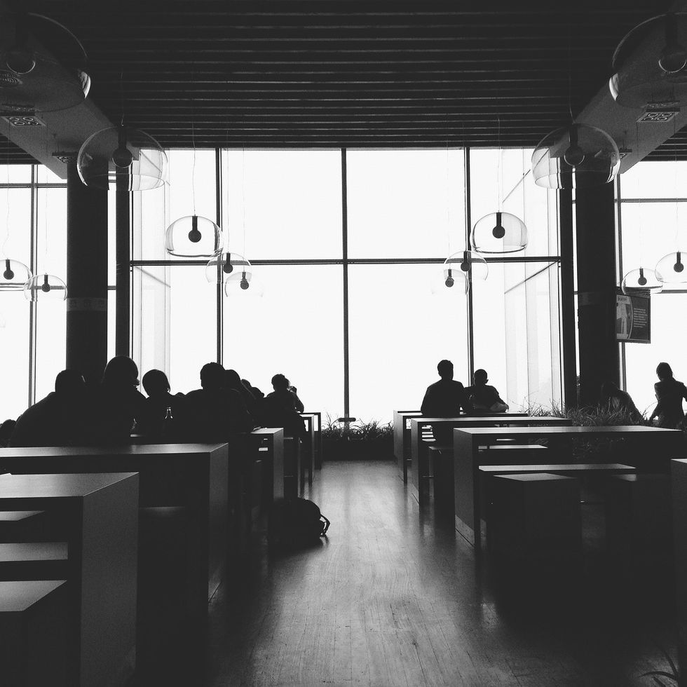 tables, people, restaurant, lights, black and white