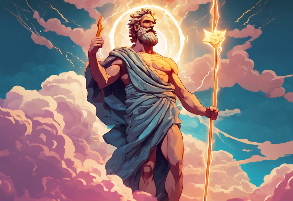 the greek god zeus standing atop a cloud with a lightning bolt