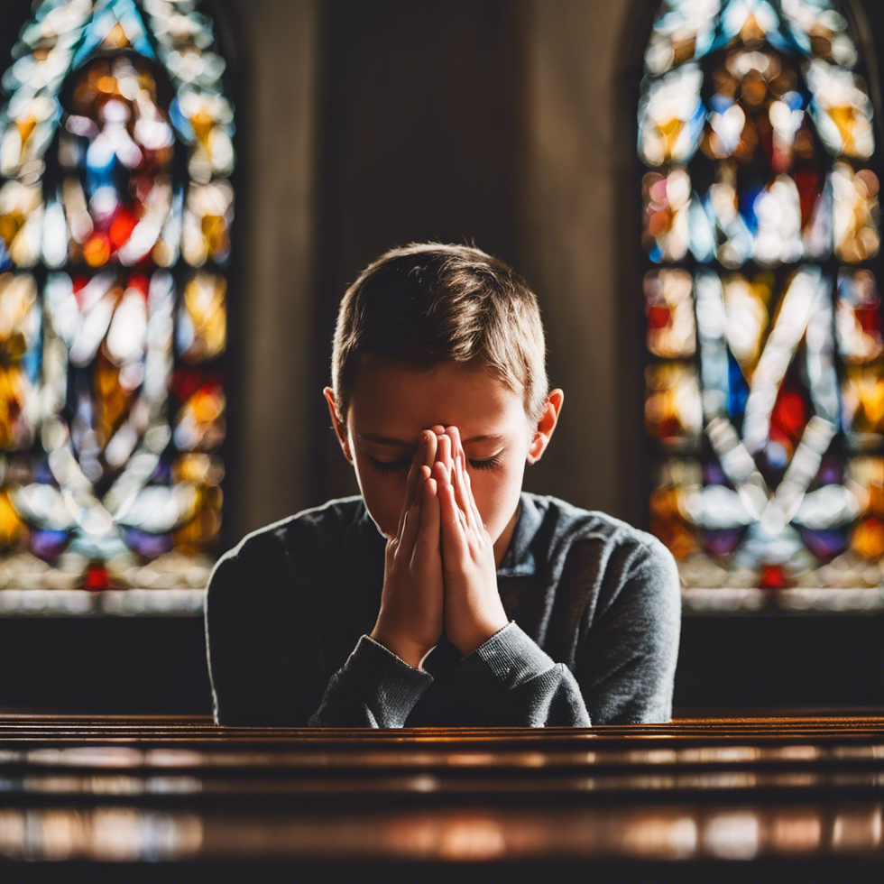 young person hands folded in prayer in a church with stained glass windows